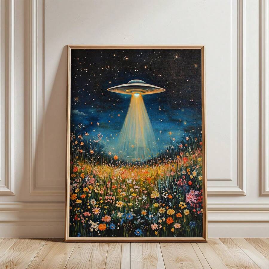 1件，帆布壁挂，带框墙饰，复古太空飞船，UFO野花墙饰，复古花卉油画，花卉外星人信徒墙饰——一份巧妙又时尚的礼物。复古家居装饰，适用于房间装饰、卧室装饰、宿舍装饰、客厅装饰。 - 彩色 - 查看 1