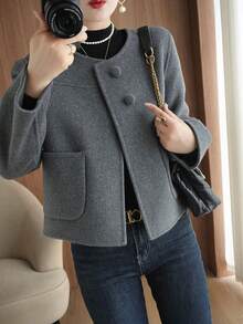 女士圆领休闲外套，娇小版型，百搭，适合春秋季穿着 - 灰色 - 查看 3