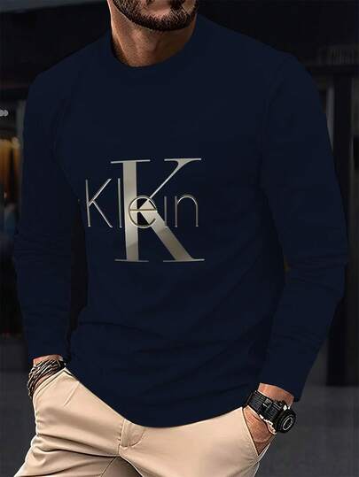 Men's 3D Digital Printed Long Sleeved T-Shirt - Round Neck Casual Top, Designed With Fashionable Fonts, Made Of Lightweight And Breathable Elastic Fabric In Spring And Autumn, Thin Material, Suitable For Daily Wear, High Comfort | Modern Casual Wear | Suitable As A Holiday Gift For Fathers Or Boyfriends