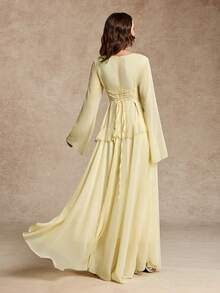 Women's Elegant Flounced Splice Cinched Waist Flare Sleeve Dress, Spring/Summer - Light Yellow - View 3