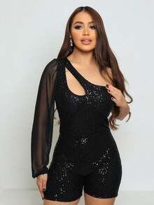 Short Sequin Jumpsuit With One Sleeve Tulle Drop Neckline, Dance, Debutante, Night, Sparkle, Party - màu đen - Xem 2