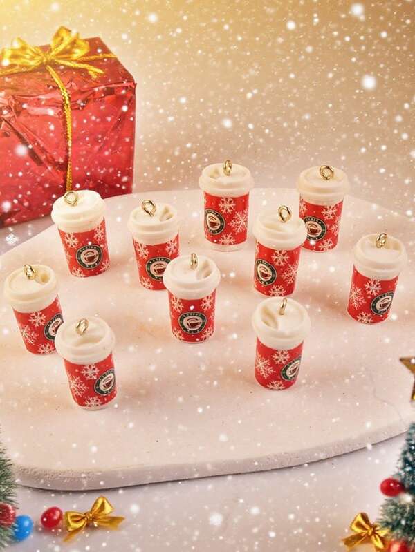 5pcs/10pcs Christmas Charming Cute Snowflake Coffee Cup Pendant Resin Small Decor, DIY Handmade Jewelry Craft For Bracelet, Necklace, Earring, Amulet, Daily & Holiday Hanging Decor, Keychain, Bag Charm, Phone Charm, Christmas Ornament, Wallet Decor And Accessories