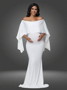 JustVH Pregnant Women Off-Shoulder Dress, Elegant Long Mermaid Gown Suitable For Baby Shower Photo Shoot White Spring - White - View 1