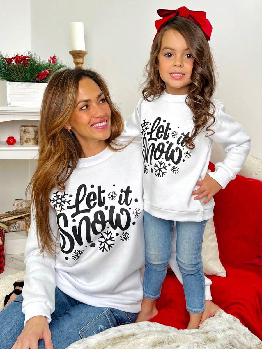 Mommy And Me Matching Christmas Sweatshirts Family Matching Xmas Outfits Long Sleeve Crewneck Let It Snow/Merry Christmas/Merry Bright Letter Print Sweatshirts Pullover Tops Winter Fall Clothes - 白色 - 查看 1