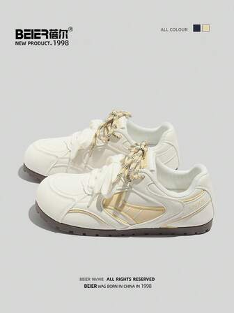 BEIER 1 双撞色运动人造皮革系带拼布休闲鞋，适合春秋季户外穿着
