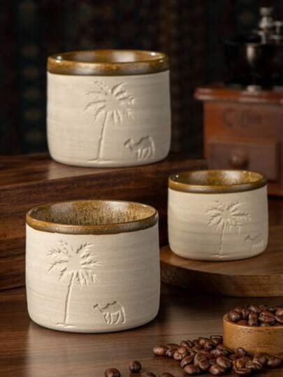 1 个沙漠骆驼和棕榈树陶瓷咖啡杯，120ml/250ml/310ml - 可重复使用，手工雕刻中东风格陶瓷咖啡杯，日式拿铁艺术茶杯，适合拿铁，沙漠主题礼物，沙漠咖啡杯 | 沙漠主题装饰 | 陶瓷杯，咖啡杯，沙特阿拉伯周年纪念礼物