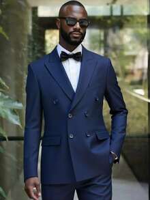 Men's 2-Piece Double-Breasted Suit Set With Peak Lapel, Slim Fit Blazer And Trousers For Formal Occasions - Màu xanh hải quân - Xem 2