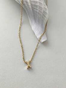 Magic Fish 1pc Classic Perforated Gold Letter Necklace A-Z 26 Initial Pendant Necklace, Stainless Steel Charm Jewelry Gift, Suitable For Daily Wear - Gold - View 18