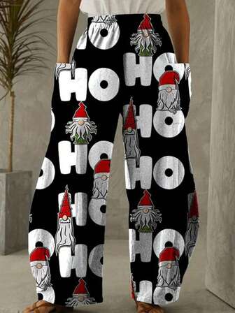 Plus Size Knitted Fabric Wide Leg Pants With Pockets Long Trousers, Funny Christmas Gnome And Ho Ho Ho Print Medium Stretch