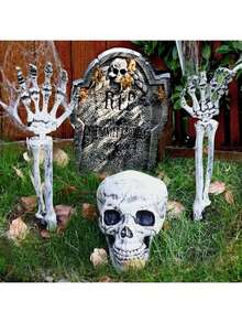 3 pièces Piquets de squelette Décorations d'Halloween - Design réaliste de crâne et d'os, décoration de jardin et d'intérieur en plastique durable, fournitures de fête d'Halloween effrayantes faciles à installer, décoration d'Halloween