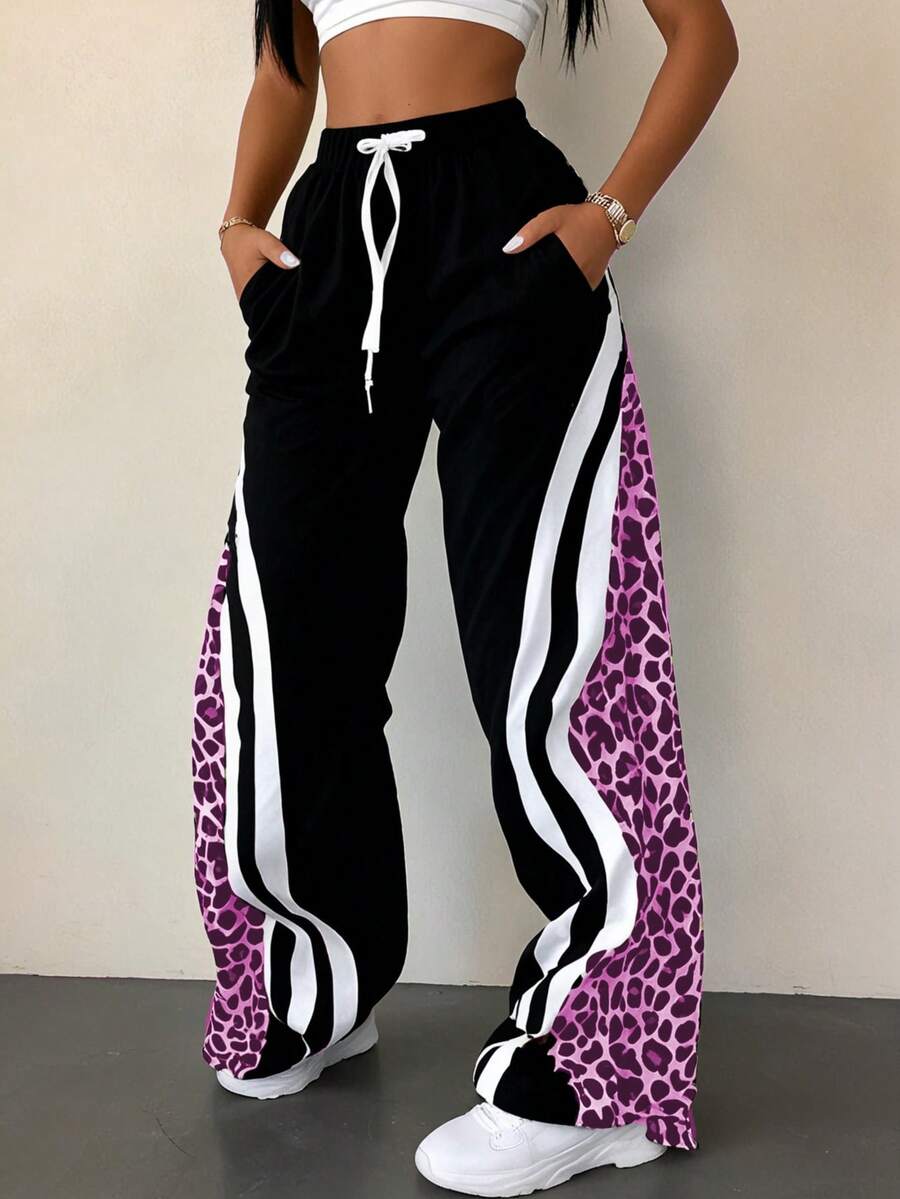 Plus Size Women High Waist Wide Leg Straight Pants, Elastic Waist Casual Striped Drawstring Trousers