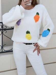 NZZOF Women's Autumn/Winter Lantern Sleeve Embroidered Textured Crew Neck Sweater - White - View 1