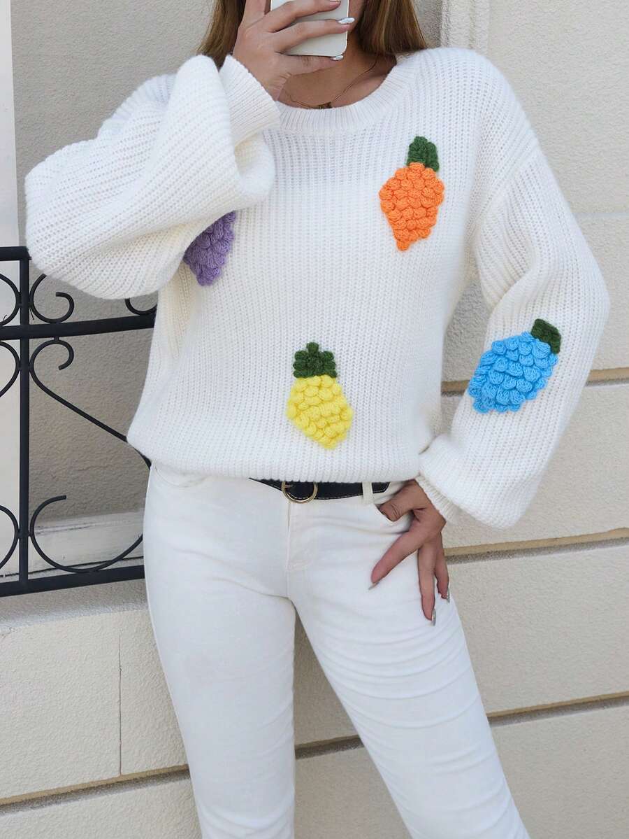 NZZOF Women's Autumn/Winter Lantern Sleeve Embroidered Textured Crew Neck Sweater - White - View 1