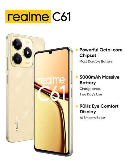Realme C61 Unlocked Cellphone 6GB+128GB/8GB+256GB Global Version, 4G LTE, Andriod 14 Smartphone, 50MP AI Camera Mobile Phone 7.89mm Ultra Slim Design With 5000mAh Massive Battery