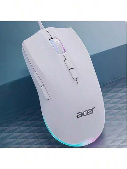 Acer OMW030 Przewodowa podświetlana mysz, podwójny tryb do gier i pracy w biurze, złącze USB typu plug-and-play, kolorowe podświetlenie, wygodny uchwyt, kompatybilna z komputerami stacjonarnymi i laptopami, odpowiednia do pracy w biurze i grach, kolor biały