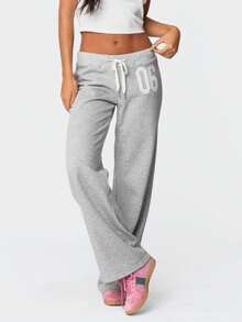 Women Y2k  Drawstring Sweatpants Elastic Waist Straight Wide Leg Low Rise Baggy Pants Casual Trousers Athletic Jogger Workout Yoga Track Pants Streetwear Lounge Pants - Xám - Xem 4