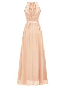 MIUSOL Elegant Women's Sequin Floral Lace Halter Neck Sleeveless Ruched Chiffon Maxi Dress, Perfect For Formal Wedding Guest, Cocktail Party, Bridesmaid, Prom - 香檳色 - 查看 8