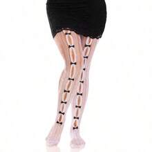 Womens Sweetheart Striped Net Tights With Keyhole And Mini Bow Detail - White - View 3
