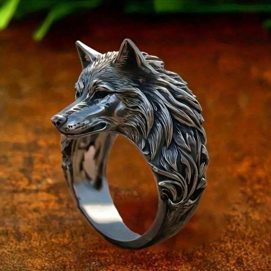 Vintage Wolf Head Men's Ring, Personalized Animal Ring, Exaggerated Hip Hop Ring, Suitable For Birthdays, Anniversaries, Graduations, Halloween, Christmas Gifts, Cyclist Gifts - 古銀 - 查看 1