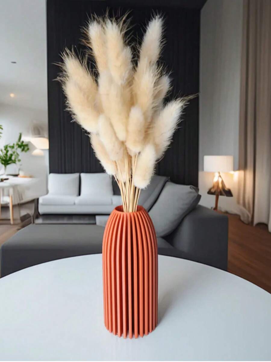 1pc Sturdy Unbreakable Plastic Flower Vase Modern Minimalist Style Orange Vertical Stripes Tall Cylinder Design With Fluffy Pampas Grass Arrangement Table Centerpiece Decorative Vase For Living Room Wedding Party Home Decor Room Decor Glass Vase