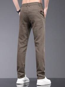 男士新款斜口袋字母刺绣直筒休闲裤，绅士轻薄商务锥形裤，修身时尚百搭，适合老公男朋友朋友聚会朋友聚会 - 咖啡棕 - 查看 4