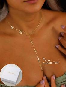 1 Piece Of Personalized Stainless Steel Pendant Necklace, Tassel Necklace, Exquisite Dangling Name Necklace, Long Y-Shaped Necklace, Initial Necklace, Custom Letter Necklace. The Perfect Gift For Her, Suitable For Girlfriends, Boyfriends, Parents, And Loved Ones. Ideal For Anniversaries, Birthdays, Graduation Ceremonies - Yellow Gold - View 1