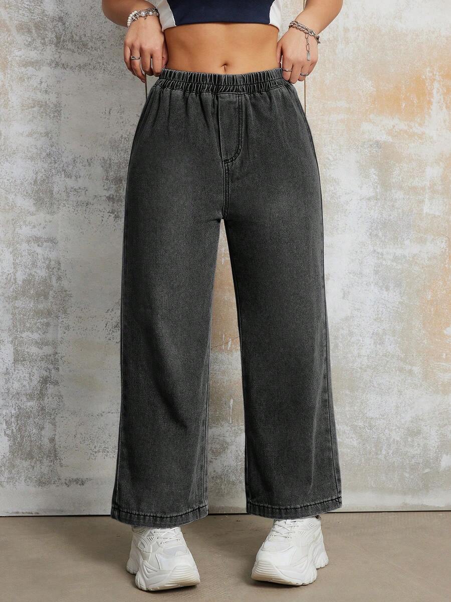 Women's Casual Loose Elastic Waist Straight Leg Jeans, Spring & Summer - Black - View 1