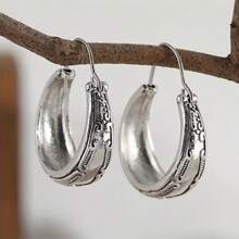 Retro Earrings Silver Color Round Earrings Bohemian Metal Carving Pattern Hoop Earrings For Women Jewelry Women's Earrings Jewelry Birthday Anniversary Gift For Lovers And Friends Valentine's Day Earrings Gift - 銀色 - 查看 6