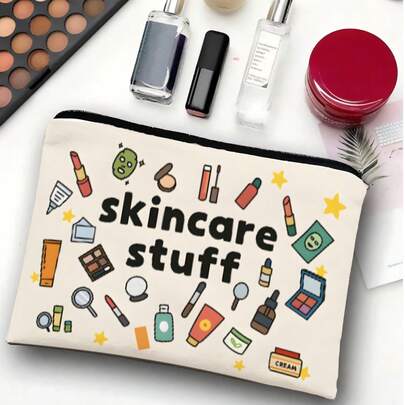 1 件轻质可折叠帆布化妆包 - 米色化妆品收纳袋，印有“护肤品”字样，男女皆宜 - 旅行洗漱包、宿舍必备化妆包、学校用品、节日礼物、美容收纳、化妆刷拉链袋