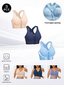 3pcs- Of Women's Sports Bras, Featuring A Front Zipper Design, Are Equipped With Thick Support Pads. They Are Breathable And Soft To The Touch, Making Them Ideal For Exercising, Fitness, And Yoga. - 彩色 - 查看 6
