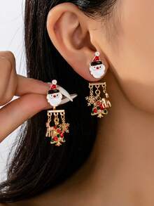 1 Pair Enameled Christmas Santa Earring With Snowflake Charm - Christmas Themed Reindeer Christmas Tree Dangle Earring - Holiday Party Jewelry Festive Accessories Gift For Women & Girls