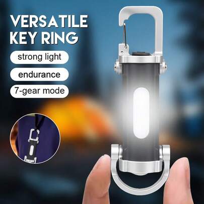 1pc Portable Mini COB LED Keychain Light Type-C Rechargeable Flashlight 7 Mode Waterproof Lamp For Outdoor Camping Lantern With Hook