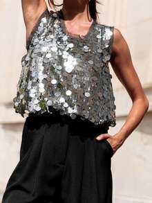 Women's Summer Shiny Sequins Vest Sleeveless Round Neck Fashionable Party Tank Tops - 銀色 - 查看 2