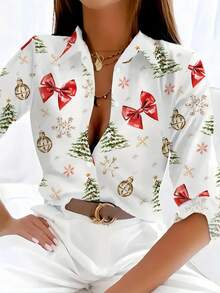 Christmas Snowflake & Bow Print Long Sleeve Shirt - Casual Polyester Top, Button Detail, Suitable For Holiday & Casual Wear, Digital Printing, Loose Fit - White - View 11
