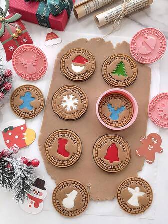9pcs Christmas Cookie Cutters, Gingerbread Molds, 3D Embossing Stamp Set, DIY Cartoon Cookie Molds, DIY Cookie Stamps, Kitchen Accessories, Baking Supplies, Non-Stick & Reusable Christmas Christmas Decorations Christmas Pajamas Christmas Gifts Christmas Decor