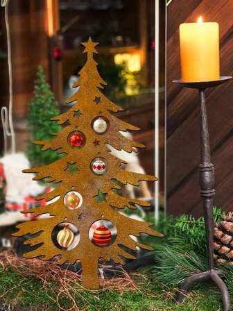 Retro Rusted Metal Christmas Tree Garden Stand - Weatherproof Outdoor Holiday Decoration, With Hollowed-Out Stars And Decorative Designs, Perfect For Terraces, Lawns, Doorways Or Fences, Holiday Home And Garden Decorations, Christmas Ornaments
