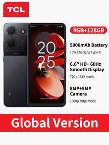TCL 503 智能手机，Unisoc SC9863A，8 核 CPU，1.6Ghz 主频，4G 网络，内存 3+64GB，6.6 英寸，720*1612 分辨率，60Hz 显示屏，8MP+5 MP 摄像头，5000mAh，10W 充电 - 黑色 - 查看 2