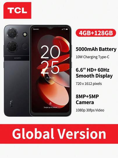 TCL 503 智能手机，Unisoc SC9863A，8 核 CPU，1.6Ghz 主频，4G 网络，内存 3+64GB，6.6 英寸，720*1612 分辨率，60Hz 显示屏，8MP+5 MP 摄像头，5000mAh，10W 充电