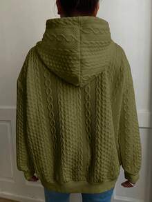 Plus Size Women Loose Casual Solid Color Jacquard Knit Long Sleeve Sweatshirt - Army Green - View 2