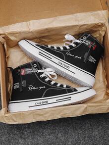 男士极简时尚平底基础款黑色和蓝色三层硫化高帮帆布运动鞋 - 黑色 - 查看 1