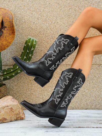 Women's Pointed Toe Chunky Heel V-Cut Plus Size Elegant Embroidered Western Cowboy Suede Mid-Calf Boots, Autumn/Winter New Outdoor Fashion Slip-On