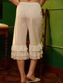 Women Lace Trim Pettipants Ruffle Pumpkin Pants Bloomers Vintage Long Pantaloons Wide Leg Lounge Capris Slip Pants - trắng - Xem 3