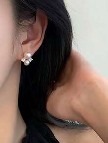 1 Pair Elegant, Charming, Gentle, Personalized Faux Pearl & Crystal Stud Earrings, Suitable For Women's Daily, Commute, Engagement, Gala, Holiday Wear - Silver - View 2