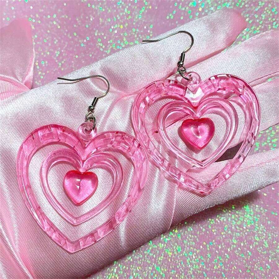 2Pcs Cute Y2k Style Pink Hollow Heart Earrings For Girls Daily Wear Valentines,Mom,Mother,Mother's Day,Gift - Hồng - Xem 1