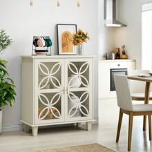 Sideboard With Adjustable Shelves, Freestanding Bathroom Cabinet With Hard Glass Doors, Modern Retro Kitchen Console Table, Decorative Storage Cabinet With Two Doors, Cream Color - 1 - 查看 5