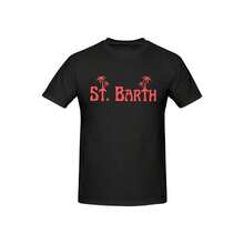 Saint Barth Men's Oversized Graphic T-Shirt - Black With Red Palm Tree & Text Print, Sporty Casual Round Neck Short Sleeve Tee, Machine Washable All-Season Comfort, Ideal Gift For Men, Everyday Comfort, Harajuku Style, Relaxed Fit Shirt