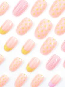 24 piezas. Remaches con forma ovalada. Estilo francés. Rayas rosas. Lunares amarillos. Adecuado para todas las estaciones (primavera, verano, otoño, invierno). Decoración de uñas DIY para embellecer las uñas. Adecuado para niñas/mujeres para uso diario. Aplicable para citas, vida diaria, fiestas, temporada de regreso a la escuela y otras ocasiones. + 1 botella de esmalte de uñas líquido + 1 lima de uñas, ¡para decorar las uñas y hacer arte de uñas DIY!