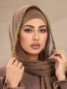 1pc Solid Color Faux Pearl & Gold Floral Chiffon Scarf, Casual Elegant Breathable Hijab, Suitable For Outdoor, Beach, Daily Wear For Dress,Holiday - Golden Double-sided Flower Chiffon Scarf - View 2