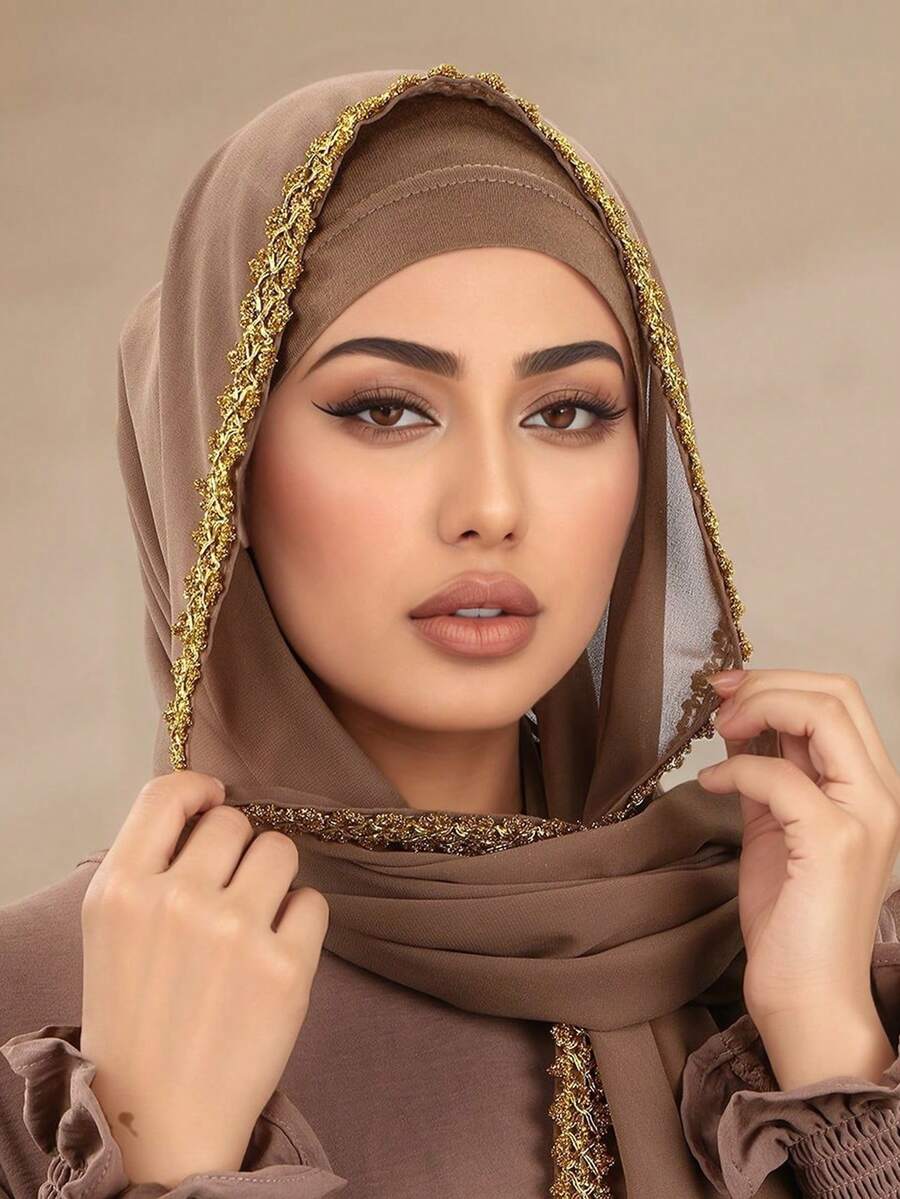 1pc Solid Color Faux Pearl & Gold Floral Chiffon Scarf, Casual Elegant Breathable Hijab, Suitable For Outdoor, Beach, Daily Wear For Dress,Holiday