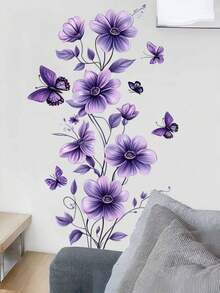 1pc Purple Floral Butterfly Wall Sticker; Removable Floral Decoration; Peel And Stick; Suitable For Living Room, Bedroom, Door, Hallway, Sofa, TV Background Wall. Wall Decor Room Decor Stickers Home Decor